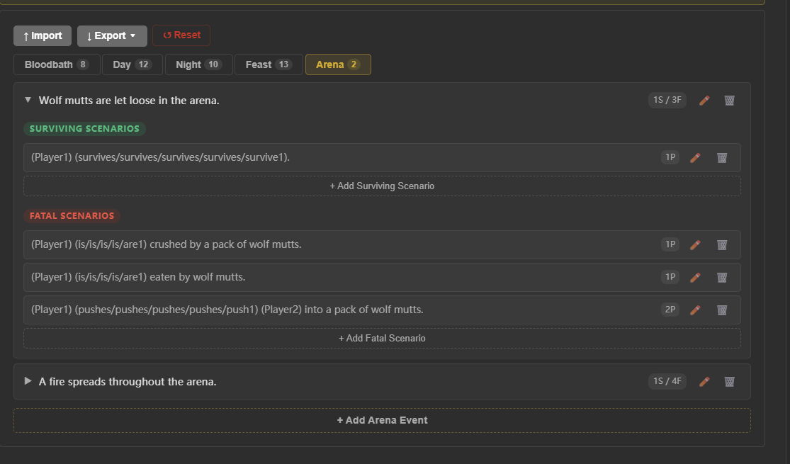 Éditeur d'événements d'arène dans le simulateur Hunger Games