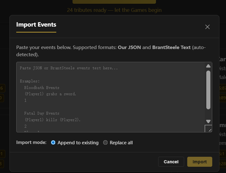 Panneau d'import et d'export de bibliothèque d'événements dans le simulateur Hunger Games